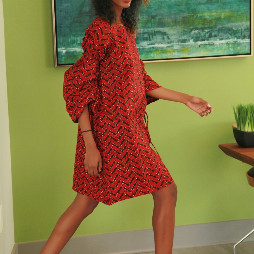 African Print Women’s 3/4 Sleeve Red Midi  Dress
